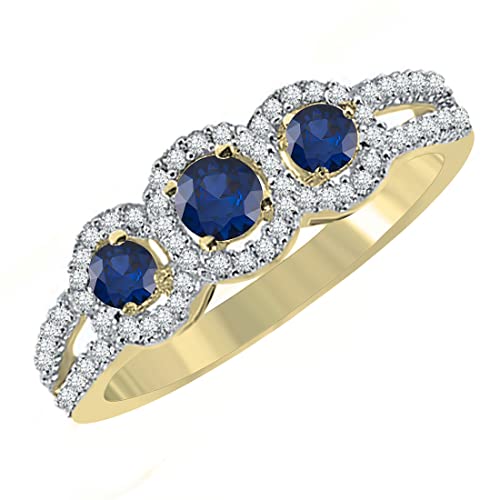 Dazzlingrock Collection Round Blue Sapphire & White Diamond 3 Stone Halo Engagement Ring for Women in Solid Gold