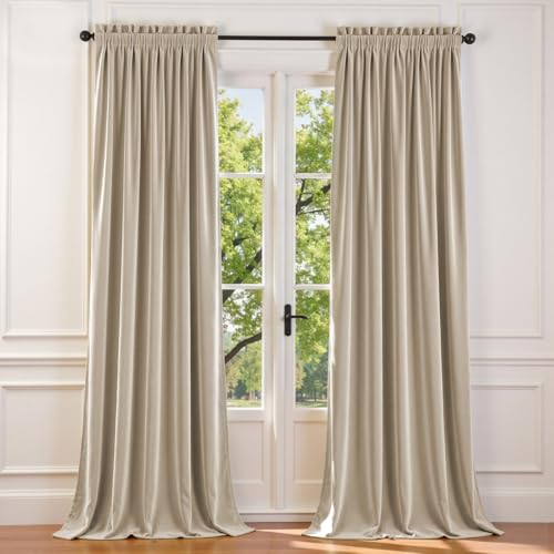 Lazzzy Half Blackout Velvet Curtains 108 inches Window Drapes for Bedroom, Thermal Insulated Curtain Panels Rod Pocket (2 Panels, Beige)