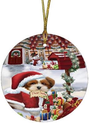 Santa Sled Dogs Lhasa Apso Christmas Round Flat Ornament - Pet Decorative Hanging Ornaments for Christmas X-mas Tree Decorations - 2.75" Round Flat Ceramic Christmas Ornament POR1530