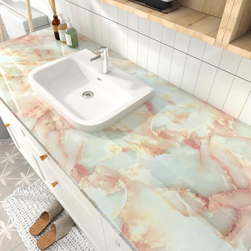 STICKEEP Beige Pink Marble Contact Paper Marble Vinyl Wrap for Countertops Waterproof Gold Pink Marble Peel and Stick Wallpaper Removable Countertop Contact Paper for Cabinets Table 17.7" x 315" by STICKEEP - Used condition - Image 2