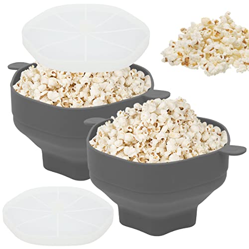 2Pcs Collapsible Silicone Microwave Hot Air Popcorn Popper Bowl With Lid and Handles Heat-Resistant Popcorn Popper Bowl Dishwasher Safe for Home Party(grey)