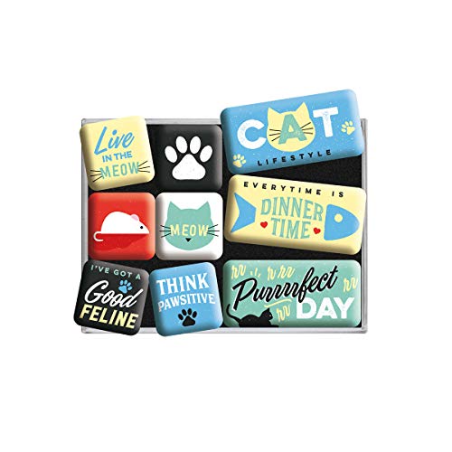 Nostalgic-Art, Set d'aimants rétro, Cat Lifestyle – Cadeau pour les propriétaires de chats, Décoration pour le frigo, Design vintage, 9 pièces