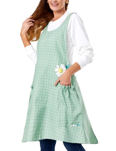 Image of Cozy Adjustable Cross Back Aprons for Women with Pockets Cotton Linen Cooking Kitchen Baking