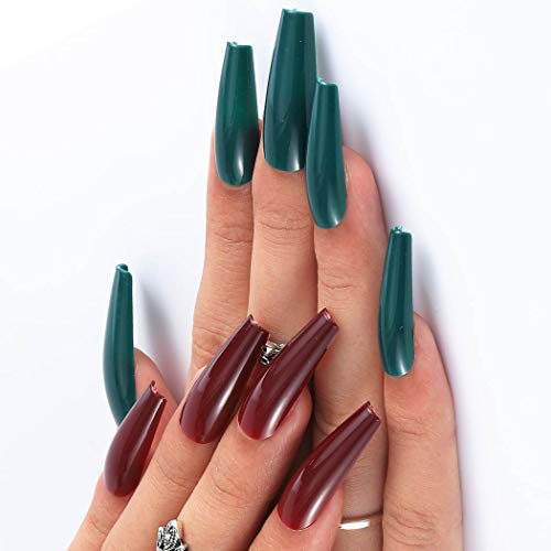 Outyua 100Pcs Extra Long Fake Nails Coffin Glossy Press on Nails Red Green Christmas Acrylic Ballerina Artificial False Nails Arts for Women and Grils (Red and Green)
