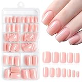 TESGADGETS 240 piezas de uñas postizas cortas color carne y rosado para aplicar con tiras adhesivas, uñas de acrílico color carne, uñas postizas cuadradas