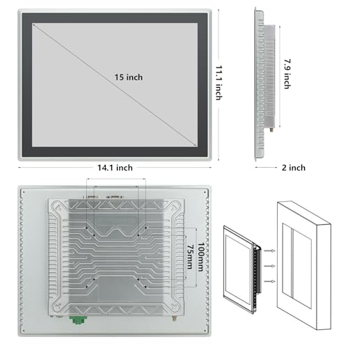 Image of 15 inch Industrial Embedded Touchscreen Monitor, Capacitive Multi-Touch Screen Industrial Front IP65 Monitor Built-in Speakers, HD-MI in, USB, VGA, 4:3 1024x768 Display