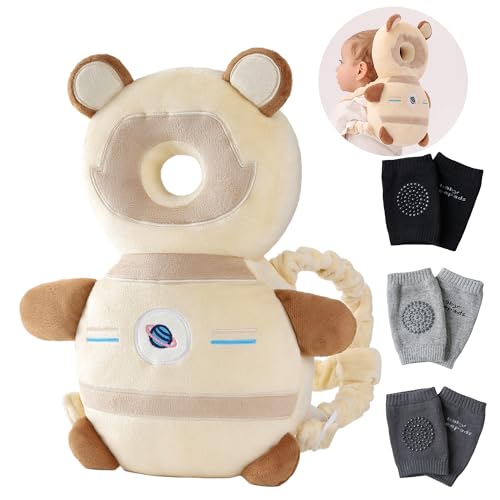 Image of Feidoog Baby Head Protector Cushion Backpack with 3 Knee Pads for Walking & Crawling,Khaki Astronauts