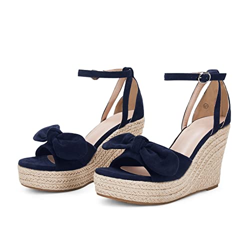 Image of Rilista Womens Wedge Platform Sandals Cute Bowknot Open Toe Espadrille High Heels Buckle Ankle Strap Summer Shoes