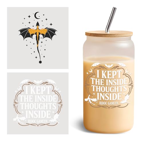 Image of Set 2Pcs Fourth Wing UV DTF Cup Wraps for 16 oz Glass, Cold Transfer Decal for Glass Cups I Kept The Inside Thoughts Inside, Bookish, Dragons Vinyl Waterproof Rub on Transfer Decals Christmas Gifts