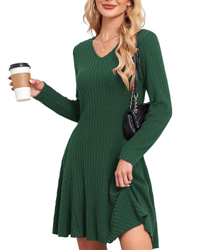 SENBATU Strickkleid Damen Herbst Elegant Pulloverkleid Langarm V-Ausschnitt Winterkleider Waldgrün Mittel