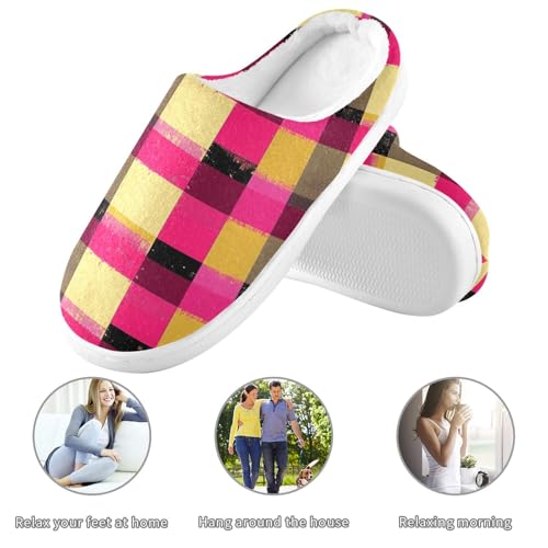 JUNZAN Buffalo Plaid Check Hot Pink Gold Women Home Cotton Slippers Breathable Memory Foam Bedroom Shoes for Spa Funny Presents 6-73
