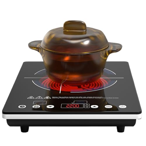 Placa vitrocerámica de 2200 W, 9 niveles de potencia, placa de inducción portátil, placa calefactora con control deslizante y táctil, 8 modos de cocción preestablecidos, temporizador de 4 horas, blo