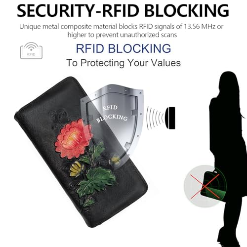 Image of Wallet Genuine Leather for Women - with RFID Blocking Card checkbook ID Slot Large Capacity Vintage style (chrysanthemum black)
