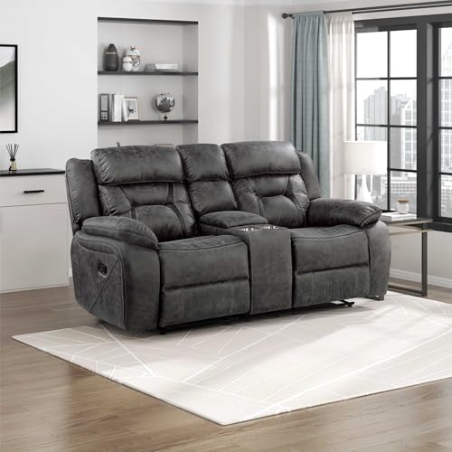 Homelegance Reclining Loveseat, Polished Microfiber Manual Double Recliner Loveseat with Center Console, Gray