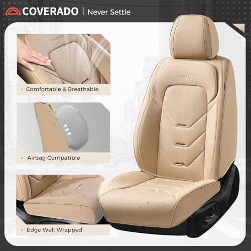 Image of Coverado Car Seat Cover Full Set, Front and Rear Seat Cover for Car, Leather Car Seat Protector, Beige Universal Seat Covers, Waterproof Car Seat Cushion, Automotive Seat Covers Fit for Most Vehicles
