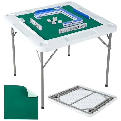 EliteEdge Mahjong Table 35.4 x 35.4-inch 4 Player Folding Domino Table with Wear-Resistant Green Tabletop Portable Square Card Desk with Cup Holders & Chip Trays for Mahjong Poker Puzzles