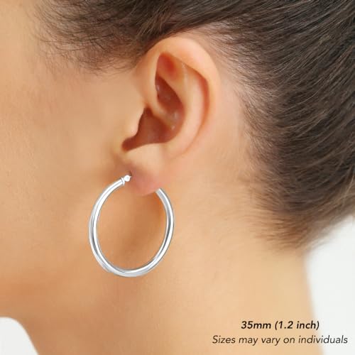 Image of 14K White Gold Classic Chunky Hoop Earrings, Solid White Gold Chunky and Lightweight Shiny Hoops, 3mm Tube Thickness