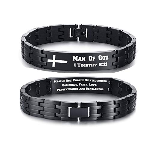 MPRAINBOW Man of GOD Scripture Faith Christian Bible Verse Inspirational Cross ID Link Bracelets for Men Adjustable