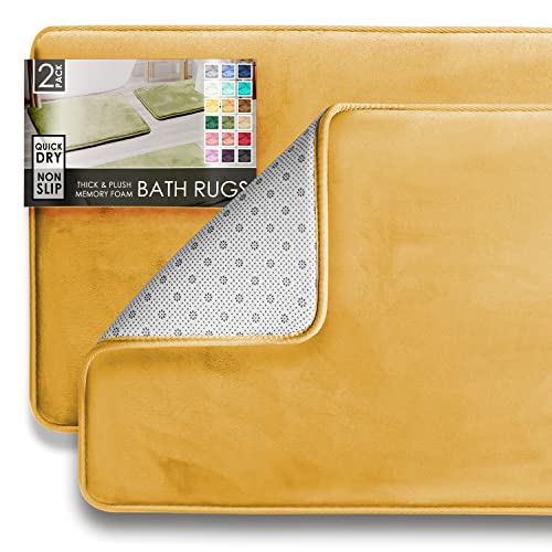 Clara Clark 2 Piece Bathroom Rugs Bath Mat Set Velvet Memory Foam Bath Mats for Bathroom - Non-Slip PVC Backing Bath Rugs Washable - Dries Quickly Gold