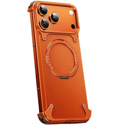 Bumper iPhone 17 Air en alu orange avec support rotatif et dos cuir