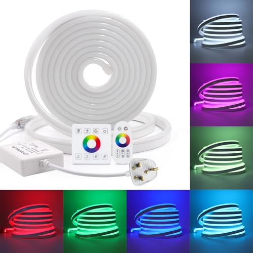 Wisada 220V RGB LED Neon Strip Light with Dual Controllers [2M], IP65 Waterproof Flexible, 80 LEDs/m Cuttable LED Strip Light CRI85+, Bedroom Bar Store Kitchen Decorative Lighting