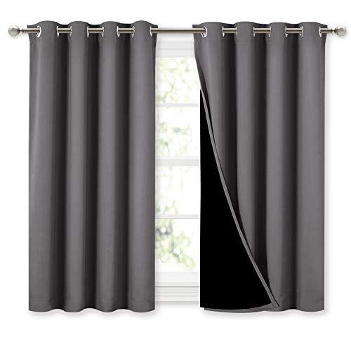 Image of NICETOWN 100% Blackout Curtains with Black Liners, Thermal Insulated Full Blackout 2-Layer Lined Curtains, Energy Efficiency Window Draperies for Dining Room (Grey, 2 Panels, 52-inch W by 45-inch L)