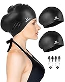 Long Hair Swim Cap for Women 2 Pack, Silicone Swimming Caps for Unisex Adult Women Men with Ear Plugs & Nose Clip Set, Waterproof Adult Swim Hats Bathing Caps to Keep Hair Dry(Black+Black)