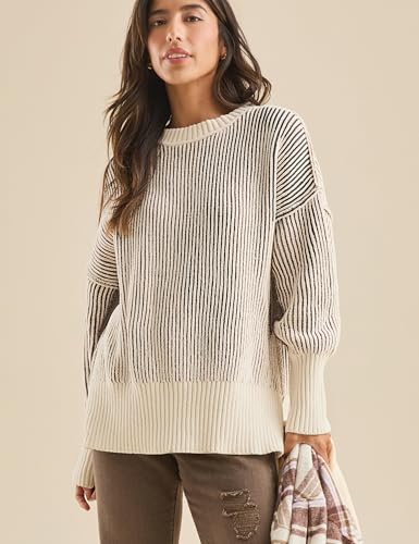 Image of Faleave Women's Fashion Sweater Fall Casual Long Sleeve Ribbed Knit Crew Neck Pullover Sweaters Blouse Tops