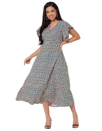 Image of Moomaya Women's Printed Dress, V-Neck, Short Sleeves, Ruffled Midi Summer Dress