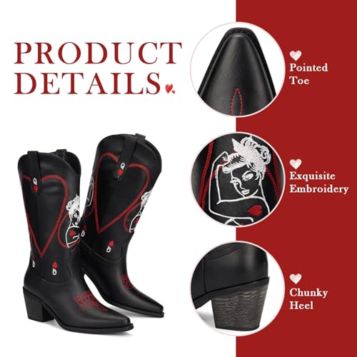 Women's Mid Calf Cowboy Boots - Western Cowgirl Boots with Queen of Hearts Embroidery, Stitched Pointed Toe Pull On Retro Style, Perfect for Parties, Concerts, and More3