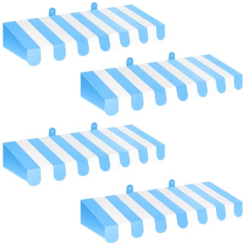Image of Boao 4 Pcs 3D Cardboard Awning Decor,Blue and White,Striped Style | Paper Awning, Circus Carnival Theme, For Bulletin Board, Lemonade Stand, Bakery & Ice Cream Truck, Wall Window Backdrop
