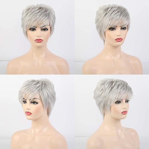 EMMOR Short Silver Grey Human Hair Wigs for Women Blend with Healthy Memory Fiber Pixie Curly Wig With Bang,Natural Daily Use Hair (Color 101#) - Image 3
