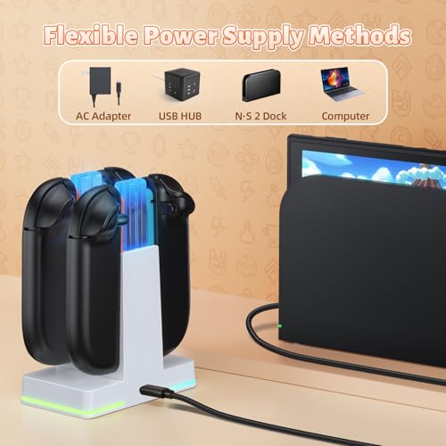 Image of FASTSNAIL Switch 2 Controller Charger Dock for Nintendo Switch 2 for JoyCon | 4-in-1 Fast Switch 2 Joypad Charging Dock Station, 9 RGB Light, Dual-Direction Magnetic Stand for Joycon 2 Accessories, White