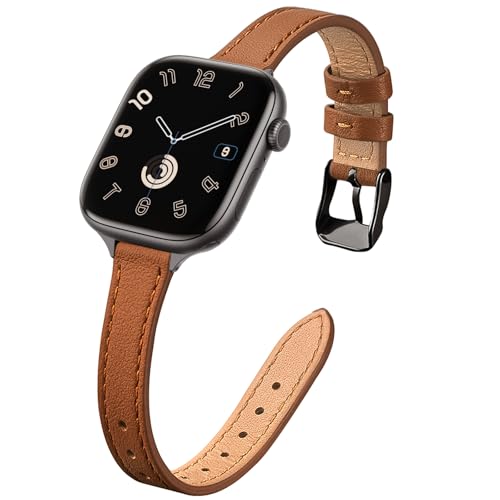 Image of STIROLL Slim Leather Bands Compatible with Apple Watch Band 38mm 40mm 41mm 42mm(Series 11 10), Top Grain Leather Watch Thin Wristband for iWatch SE 9 8 7 6 5 4 3 2 1 (Brown Black)