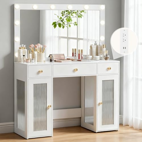 Makeup Vanity Desk with Large Mirror and Lights,White Vanity with Glass Top,Power Outlet,3 Drawers & 2 Acrylic Cabinets,3 Light Modes & Adjustable brightness,Dressing Table for Women & Girls Bedroom