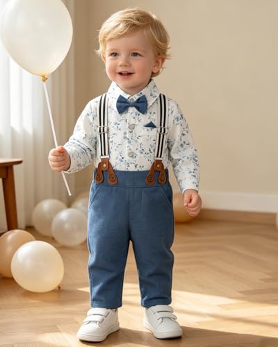 Image of SALNIER Baby Boy Suit Set Infant Formal Outfit Tuxedo | Soft Cotton Shirt Suspenders Pants Bow Tie Beret Hat 5pcs Set, For Wedding Baptism Birthday Party