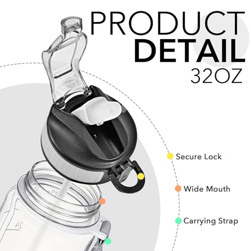 Image of Hyeta 32 oz Water Bottles with Times to Drink and Straw, Motivational Water Bottle with Time Marker, Leakproof, Drinking Sports Water Bottle for Fitness, Gym and Outdoor