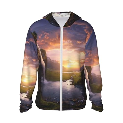 UPF 50+ Sun Protection Hoodie Rash Guard Long Sleeve Sun Shirt Waterfall at Sunset UV Shirt Full Zip Jacket