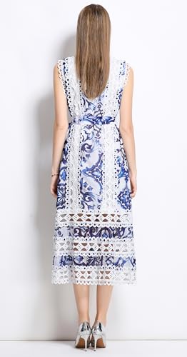 Image of LAI MENG FIVE CATS Women's Sleeveless Hollow Out Lace Button Up Casual Midi Party Dress with Belt