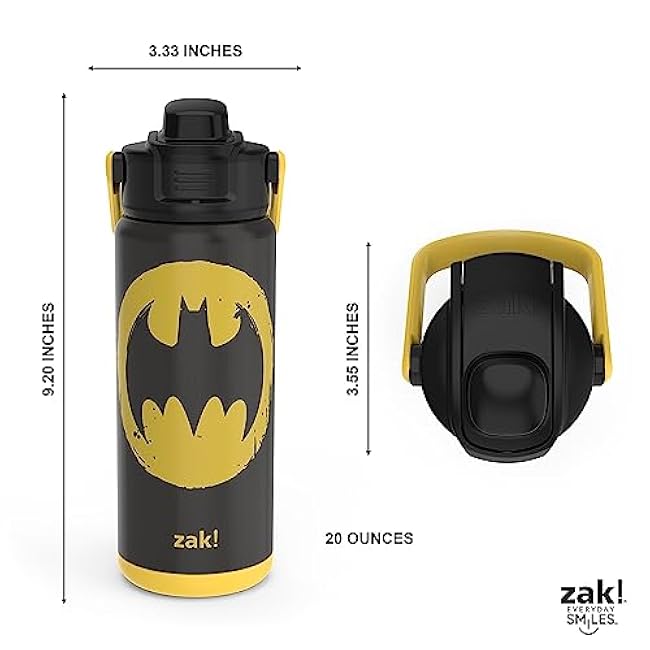 zak! Beacon Insulated Bottle, Batman - 20 oz - Durable Stainless Steel - Double-Wall Vacuum Insulation, Silicone Spout & Push-Button, Leak-Proof Lid - Dishwasher Safe
