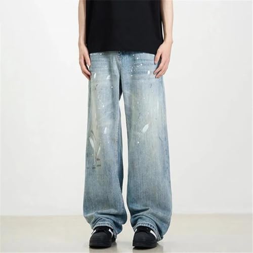 Men's Denim Pants Splashed Ink Washed Jeans Straight Wide Leg Trousers2
