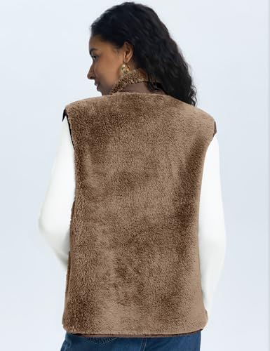 Rapbin Vests for Women Lightweight Stand Collar Sherpa Fuzzy Fleece Vest Buttoned Sleeveless Jackets with 3 Pockets3
