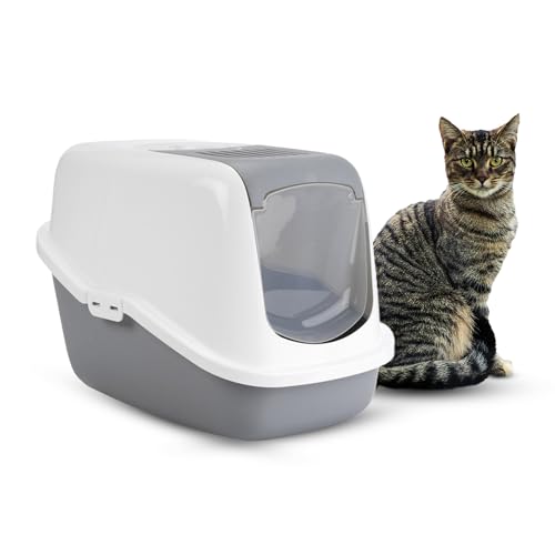 Image of Savic Nestor Covered Cat Litter Box for Indoor Cats, Enclosed Hooded Cat Toilet Home with Flip-Up Door, Odor Control & Easy Cleaning Design - Cold Grey, 22x15x15 Inch