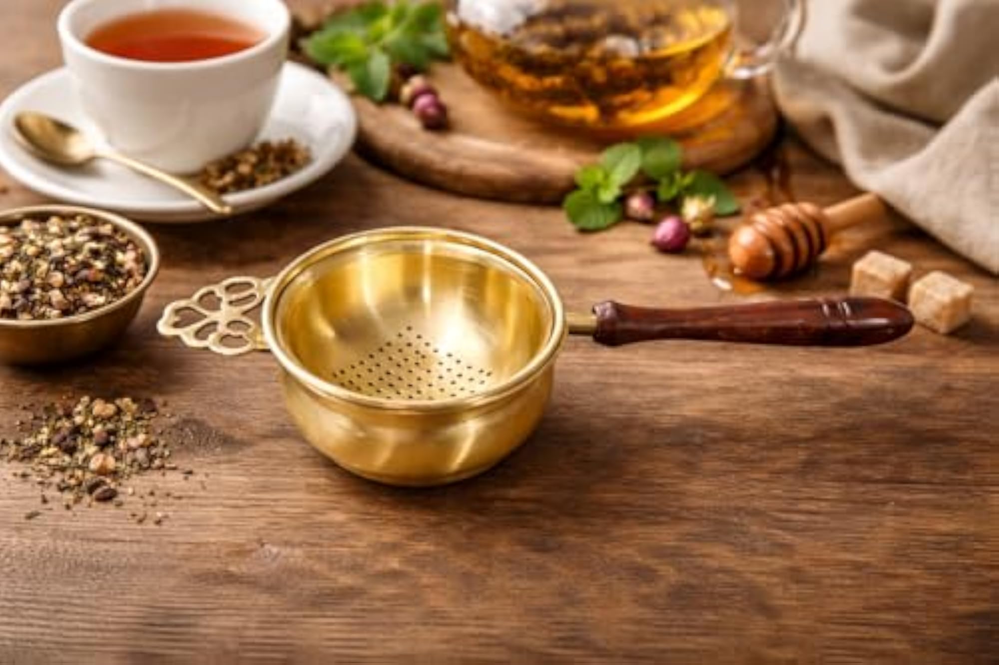 Brass Tea Strainer with Wooden Handle, Traditional Finish