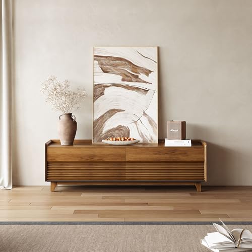 Image of POVISON Fully-Assembled Mid Century Modern TV Stand with Legs, Wood Media Console with Adjustable LED Light, Entertainment Center with Storage for Living Room