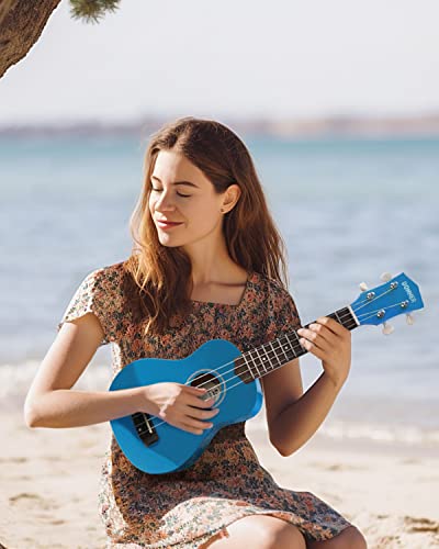 Image of Donner Soprano Ukulele for Beginners 21 Inch Ukelele Starter Bundle Kit with Free Online Lessons Bag Strap String Tuner Picks Cloth Ukalalee Yukalalee (Blue)