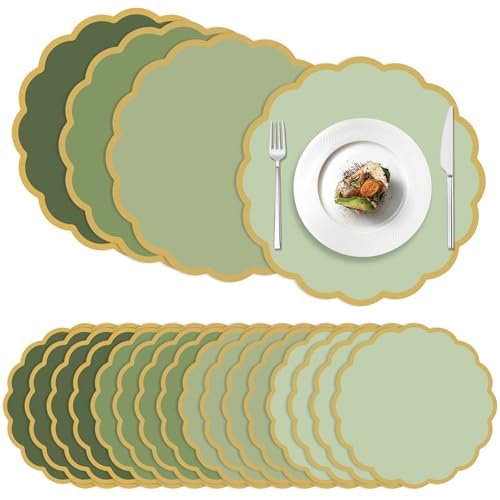 100 Pcs Sage Green Paper Placemats 13.5 Inch Disposable Scalloped Colorful Pastel Round Table Place Mats with Gold Edges, Decorative Colors Mats for Birthday Wedding Baby Shower Banquet Tea Party