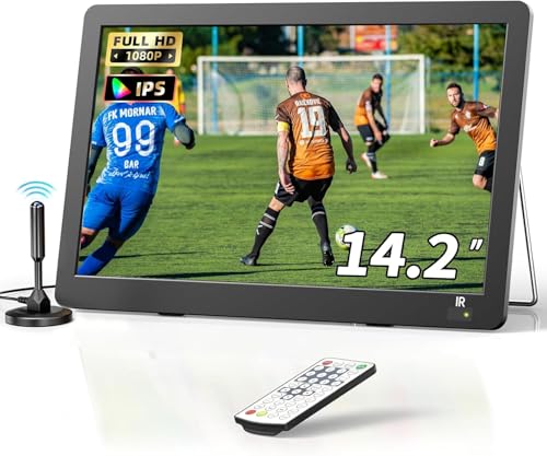 Desobry 14.2 Inch LCD 1080p Portable TV with freeview outdoor tv DVB/T2 Tuner Rechargeable Battery Operated Built-in TV Stand HDMI Input USB AV