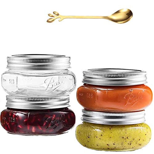 RROAD Mason Jars - Juego de 4 tarros de cristal con tapas herméticas plateadas y cinta para conservas, conservas de miel, conservas de mermelada, gelatina enlatada, con 1 cuchara