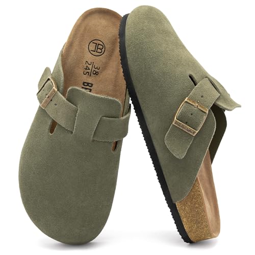 Women's Suede Clogs Men's Slip-On Mules Non-Slip Potato Shoes Arch Support Sandals with Adjustable Buckle for Indoor & Outdoor Use Green